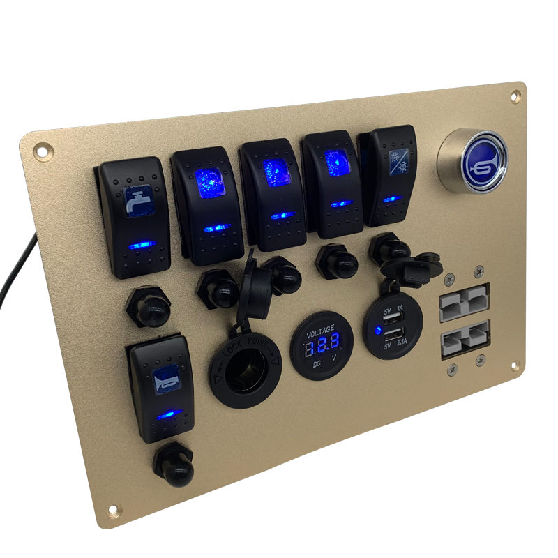 Front view of 6-gang rocker switch panel with voltmeter and USB ports