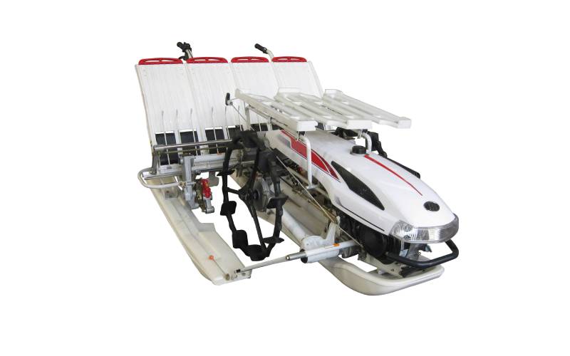 6-Row walking rice transplanter in operation showing seedling tray and planting arms