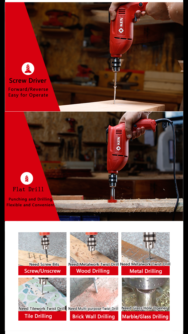 Drill application examples for wood, metal, and masonry