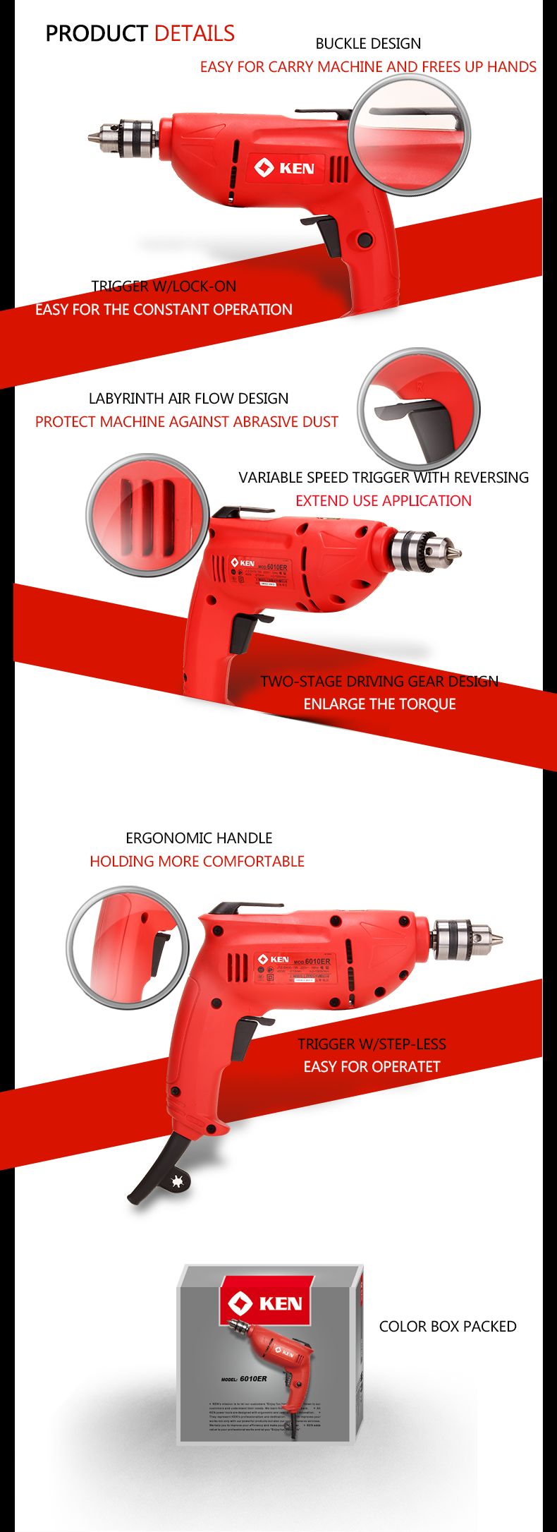 Close-up of drill features including trigger and airflow design