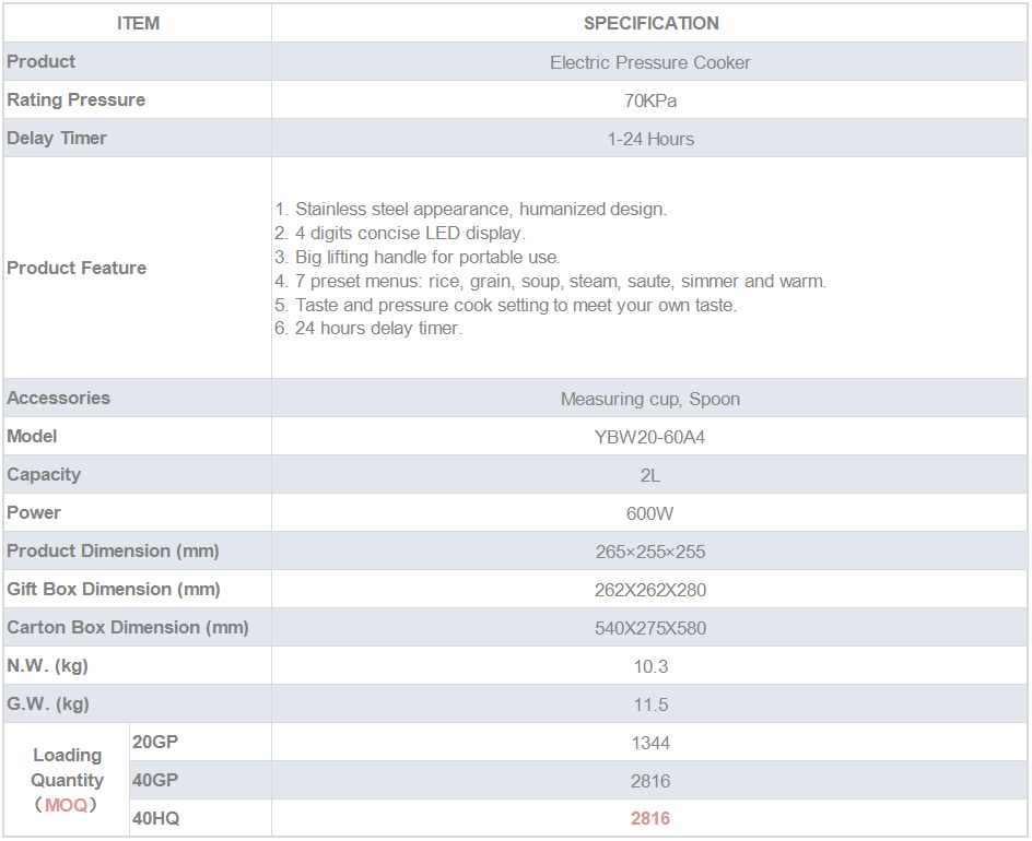 Technical specifications and features of the 2L Electric Pressure Cooker