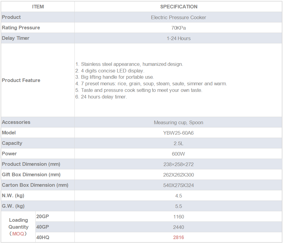 Technical specifications and feature list for the 2.5L electric pressure cooker