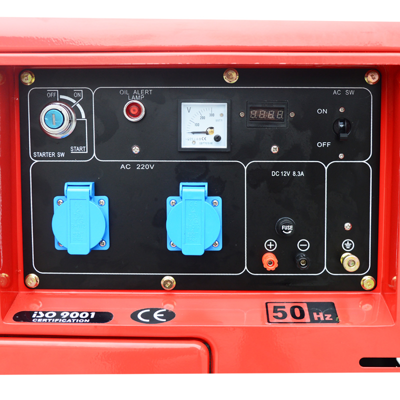 Generator control panel showing AC/DC outlets and safety indicators