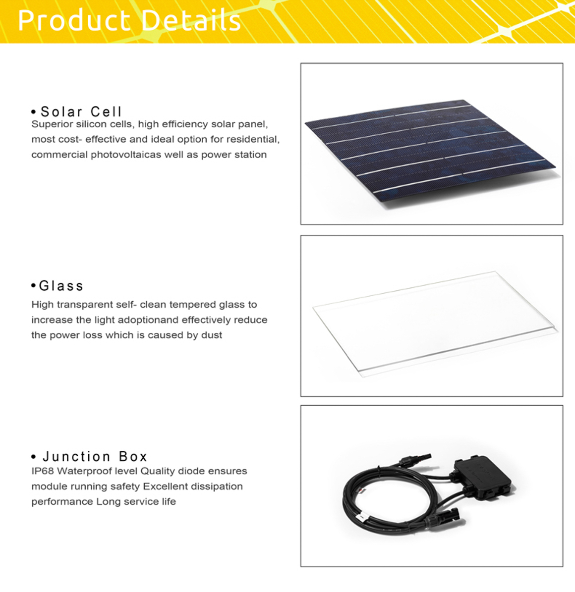 Solar panel component details showing glass, cells, and junction box