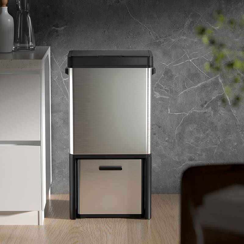 Stainless steel 72L recycling bin in a room setting