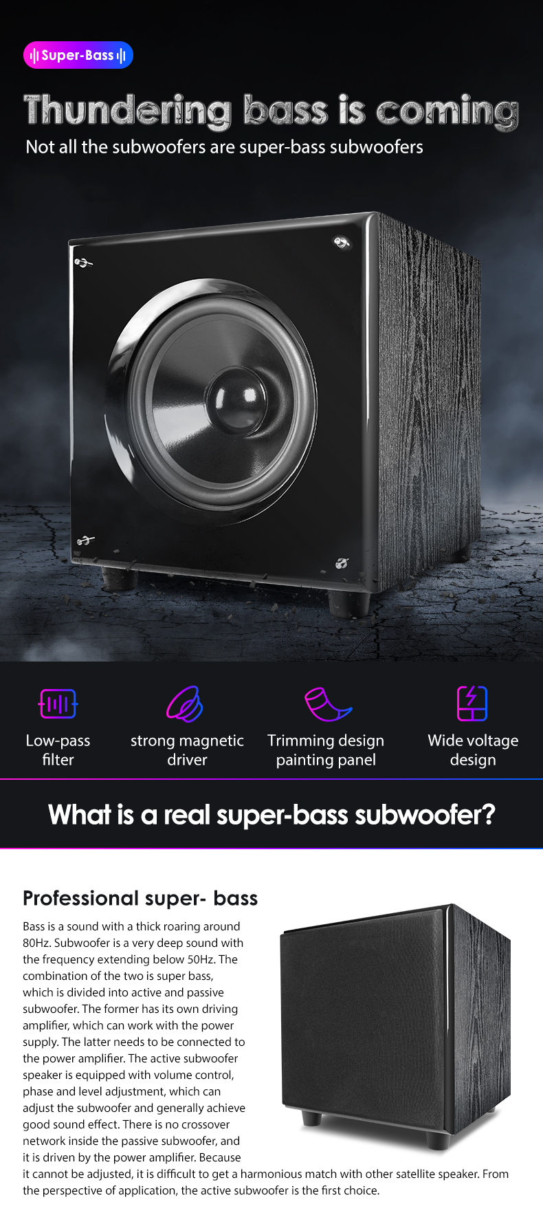 Active subwoofer showing control panel and frequency adjustment