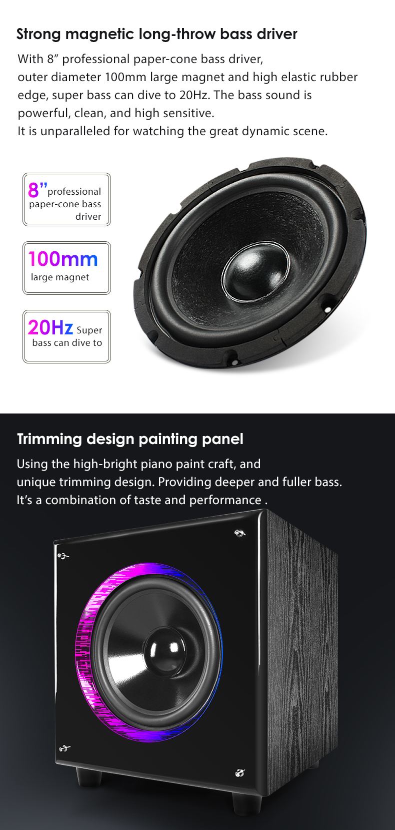 Close up of the 8-inch bass driver and piano finish panel