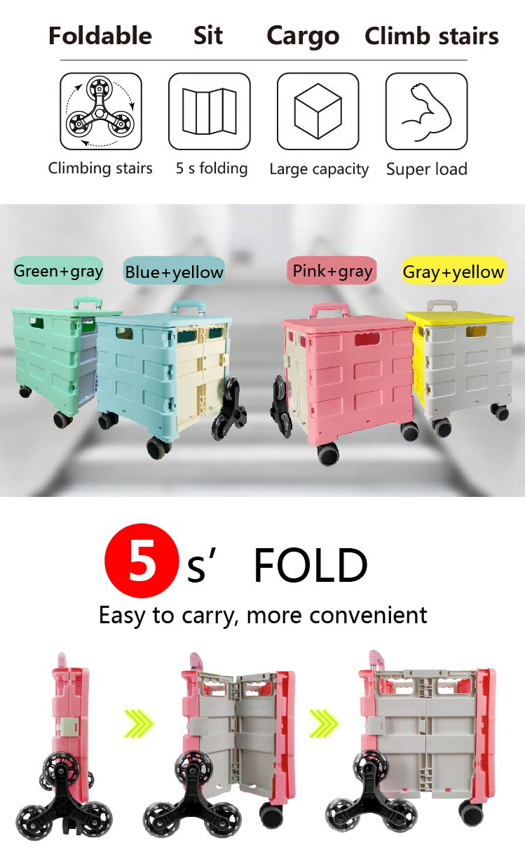 Folding shopping cart in various colors showing stair climbing and folding features