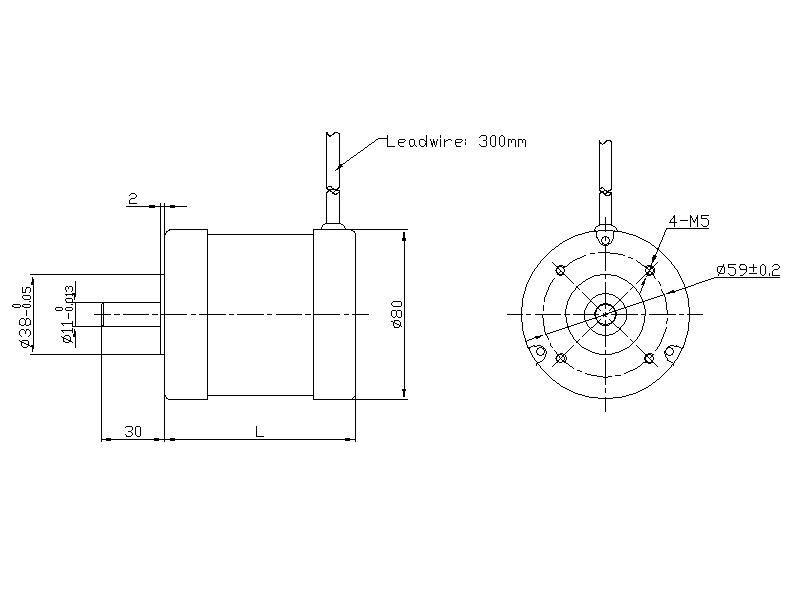 Dimensional drawing of the 80mm brushless DC motor