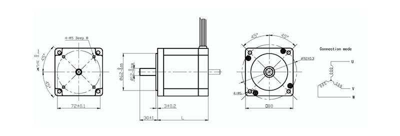 Technical drawing of 80 Series Brushless DC Motor showing dimensions and wiring