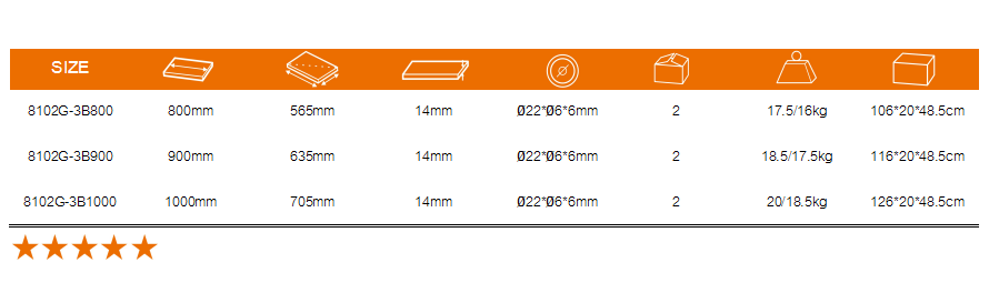 Technical specification chart for 8102G-3B series tile cutters