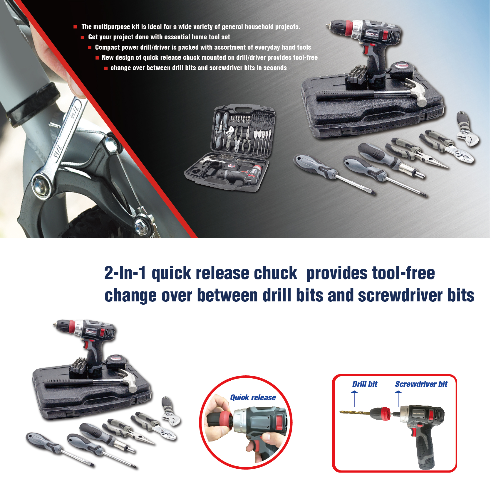 81-Piece Home Repair Tool Kit with Cordless Drill