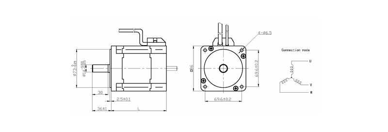 Technical drawing of 86 Series BLDC Motor showing dimensions and wiring