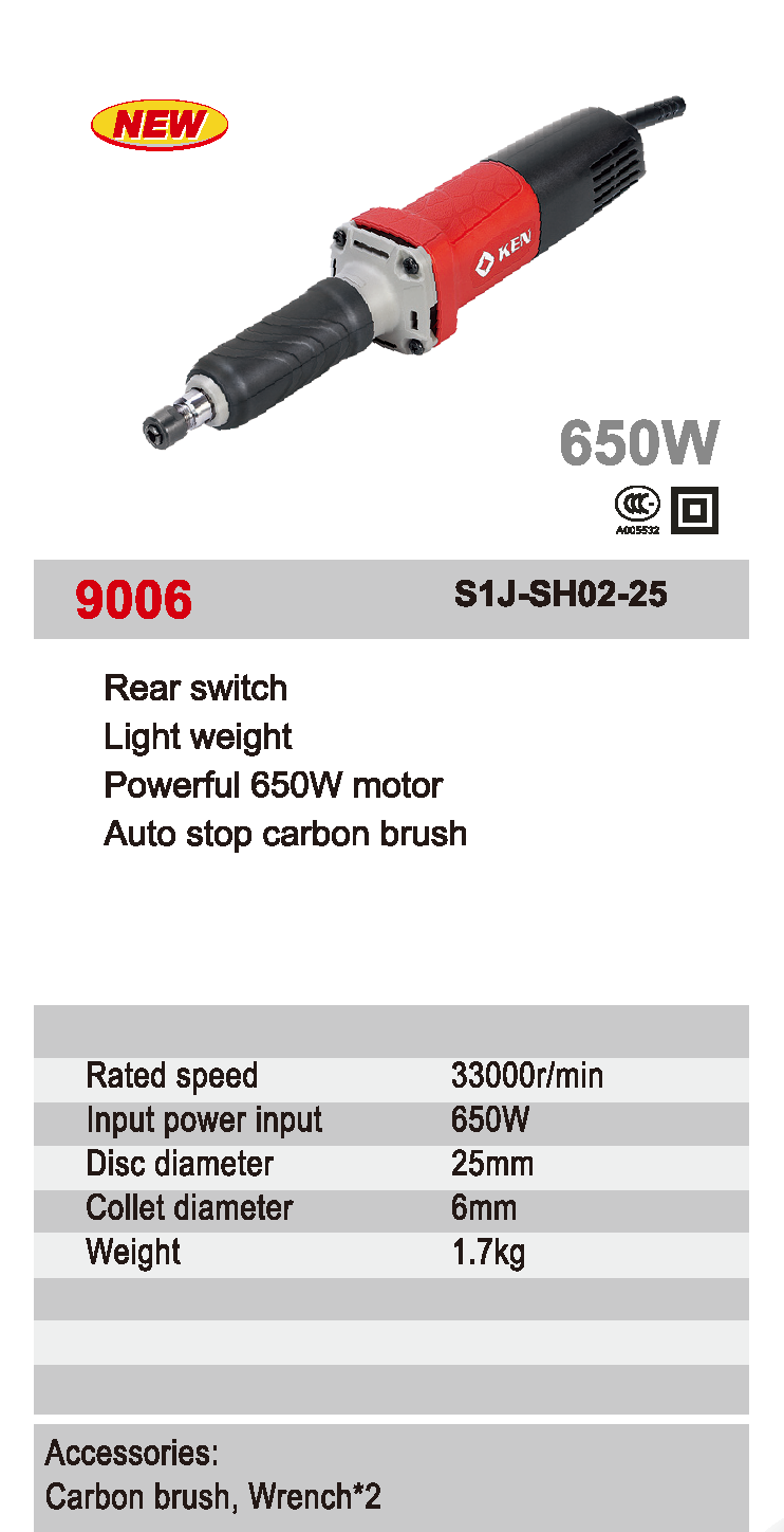 Technical diagram and feature highlights of the 650W die grinder