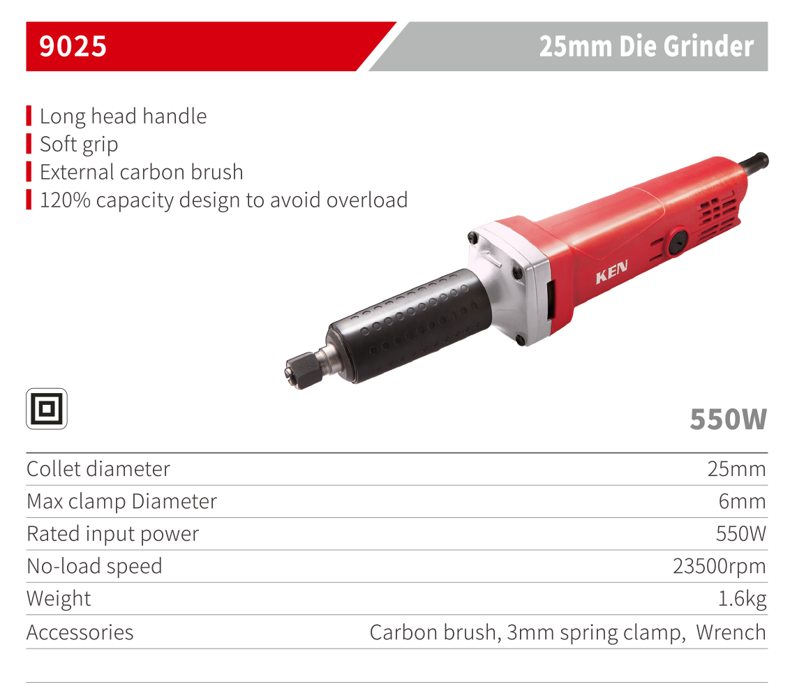 Technical diagram and feature highlights of the 550W Die Grinder