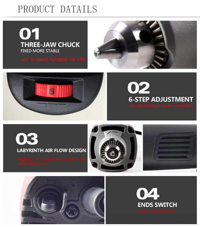 Detailed view of the three-jaw chuck and 6-step speed adjustment switch.
