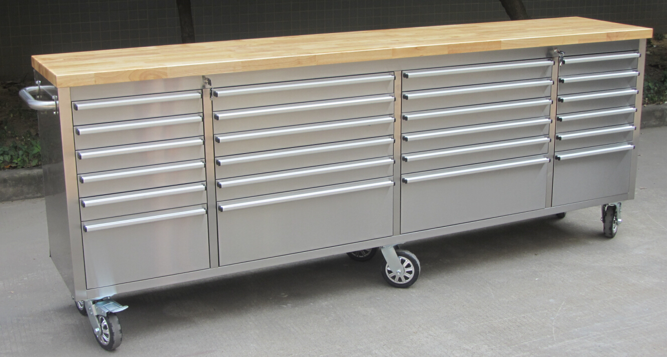 96-Inch Stainless Steel Tool Chest with Wood Worktop