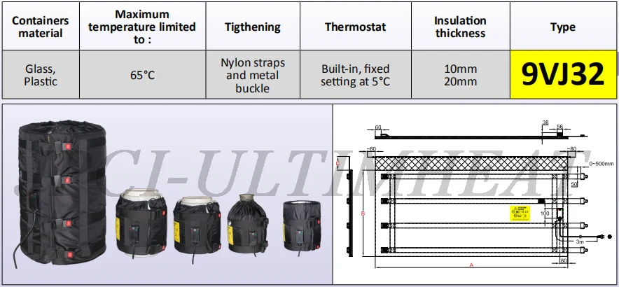 Technical diagram of the container heating jacket showing dimensions and key components