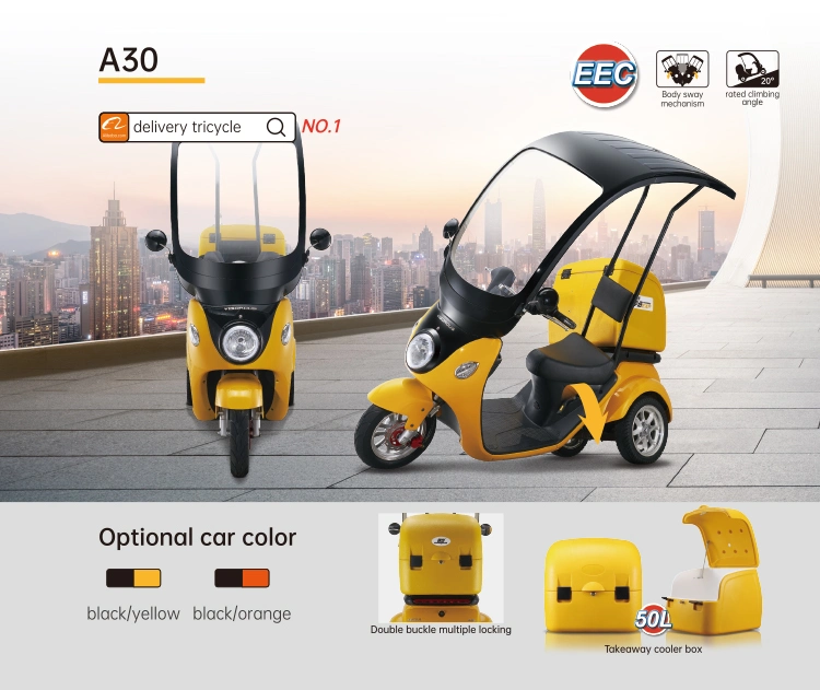 Three-wheel electric delivery scooter with roof and cooler box