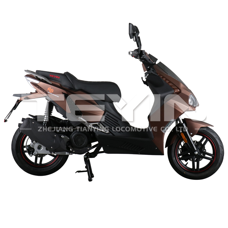 Scooter parked using side stand showing bronze and black color scheme