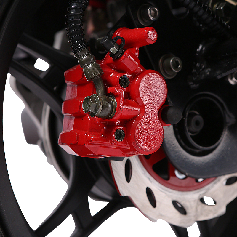 Rear disc brake assembly with red caliper