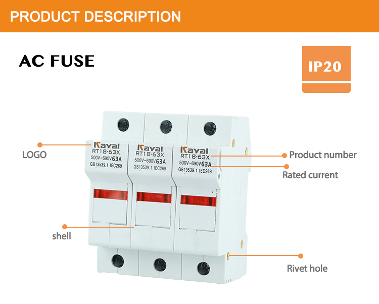 Product diagram of AC Fuse Base showing rivet holes and IP20 protection details.