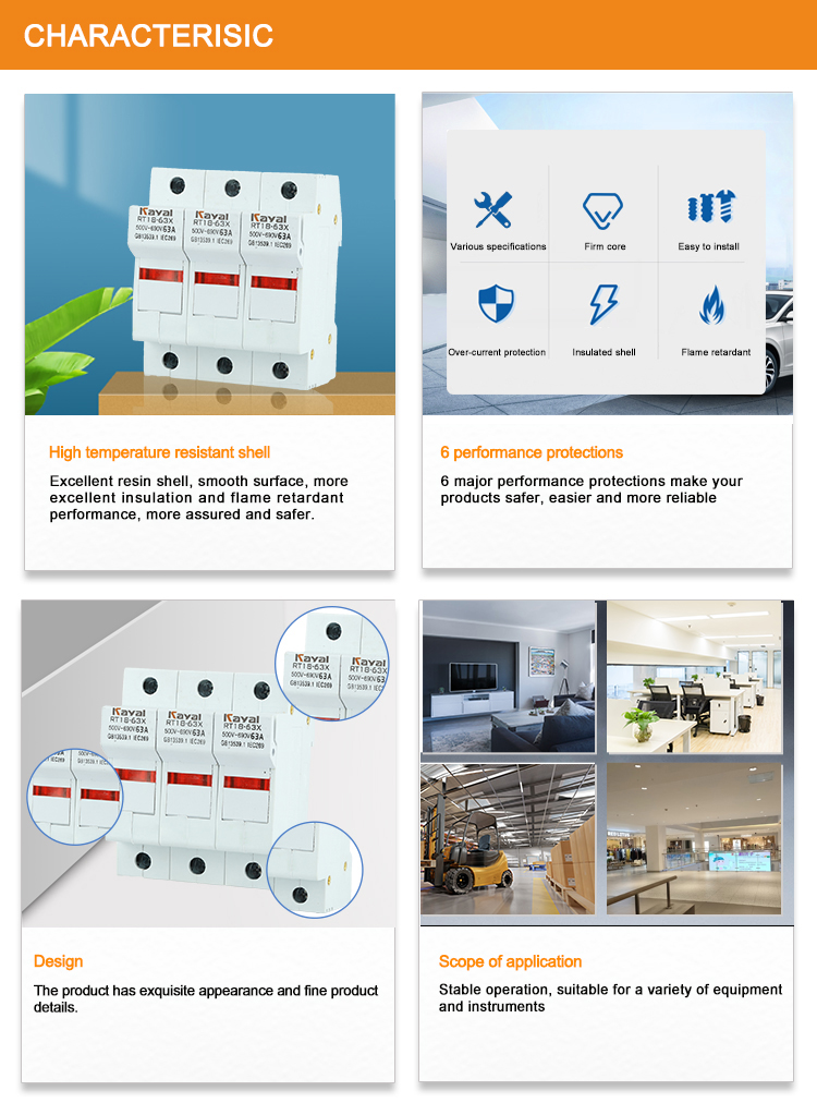 AC Fuse Base highlighting 6 major performance protections and high-temperature resistant resin shell.