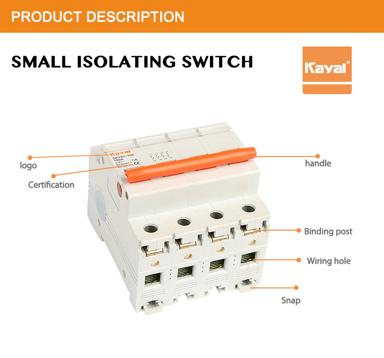 Anatomy of the AC Isolator Switch showing the handle, binding posts, and wiring holes.