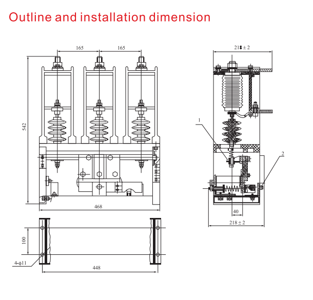 Technical drawing showing installation dimensions for the AC vacuum contactor