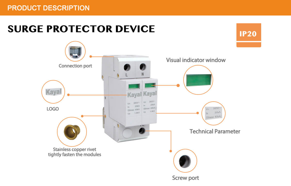 Detailed view of SPD components including visual indicator and screw ports