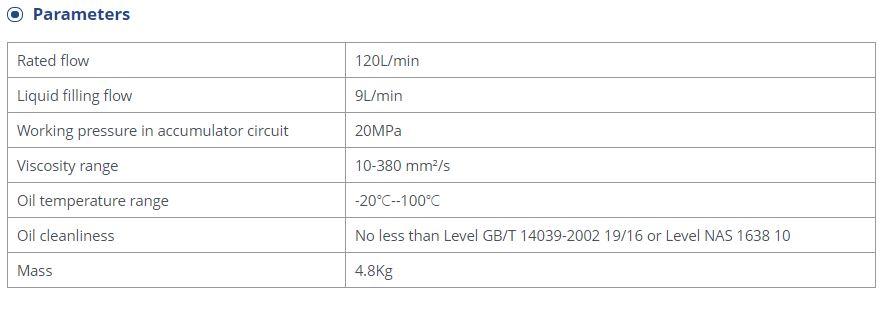 Table of technical parameters for the ACV-L25F-00A dual accumulator charging valve