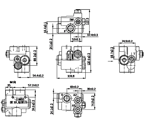 Technical drawing showing dimensional layout and port configuration