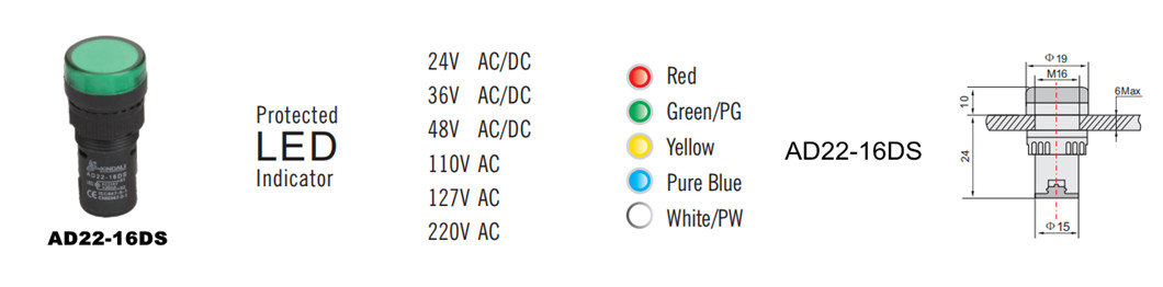 Dimensional diagram and color options for AD22-16DS LED indicator