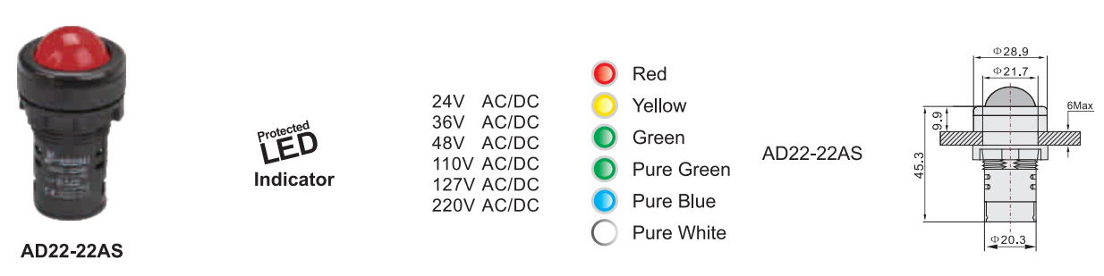 AD22-22AS Dimensional Drawing and Color Options