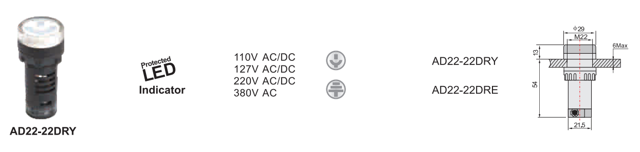 Technical drawing and dimensions of AD22-22DRY indicator