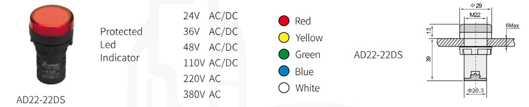 Technical drawing and dimensions of AD22-22DS indicator lamp