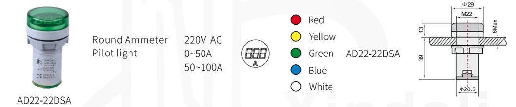 Technical drawing and color options for AD22-22DSA LED indicator