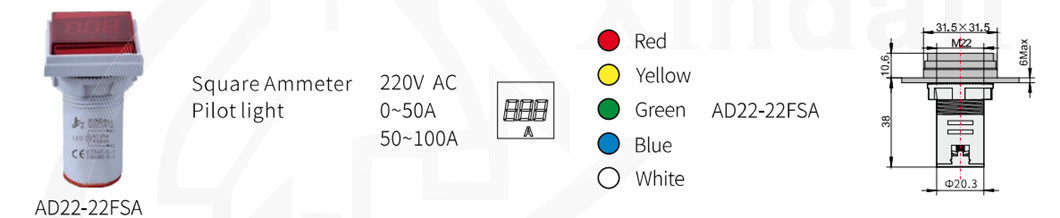 Technical drawing and dimensions for AD22-22FSA square digital ammeter