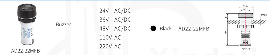 Technical drawing and dimensions of the AD22-22MFB indicator light