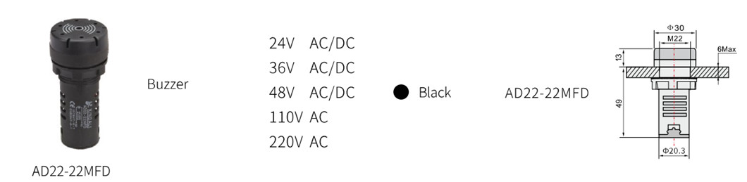 Dimensional diagram and voltage variants for AD22-22MFD industrial buzzer