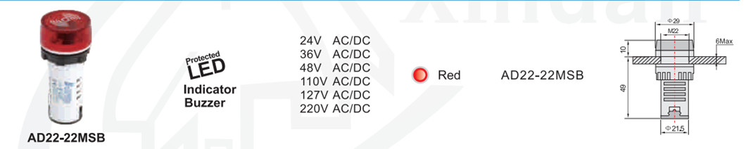 Technical drawing and dimensions of AD22-22MSB LED indicator buzzer