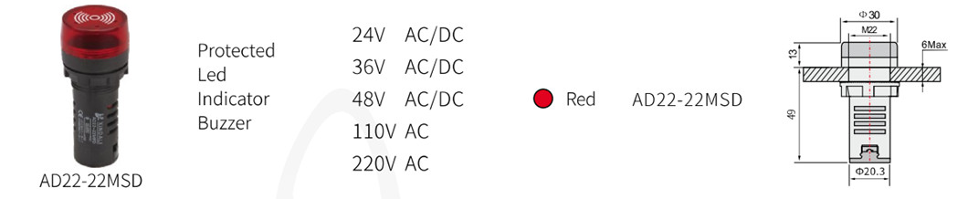 Dimensional drawing and voltage specifications for AD22-22MSD indicator