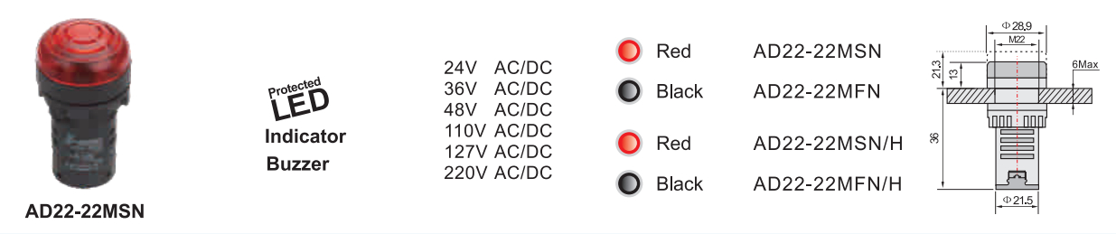 Technical drawing and dimensions of the AD22-22MSN LED indicator