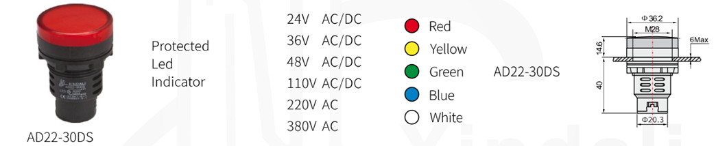Dimensional diagram and color options for AD22-30DS LED indicator