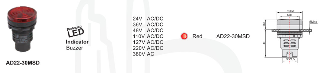 AD22-30MSD technical drawing and voltage options