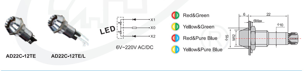 Dimensional drawing and color options for AD22C-12TE