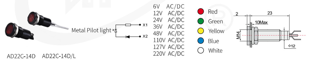 Dimensional diagram and color options for AD22C-14D metal pilot light