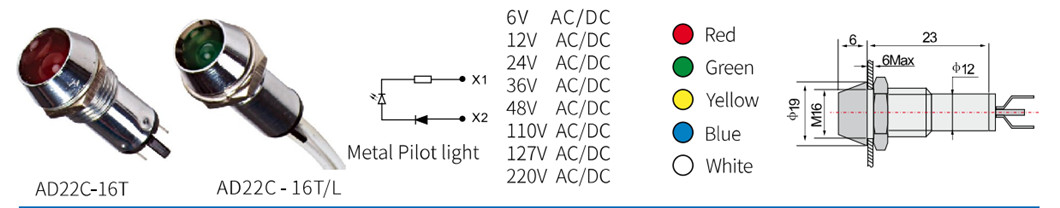 Technical diagram and color options for AD22C-16T indicator lights