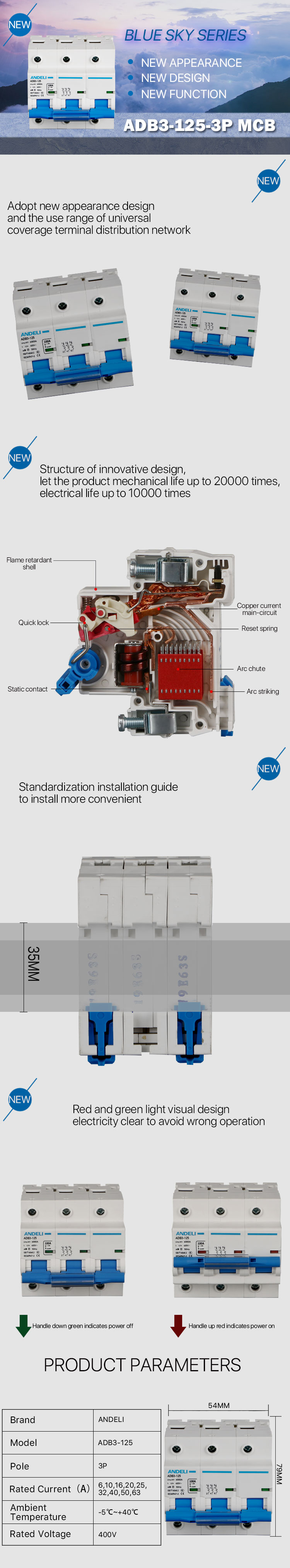 Internal components and features of the ADB3-125 miniature circuit breaker