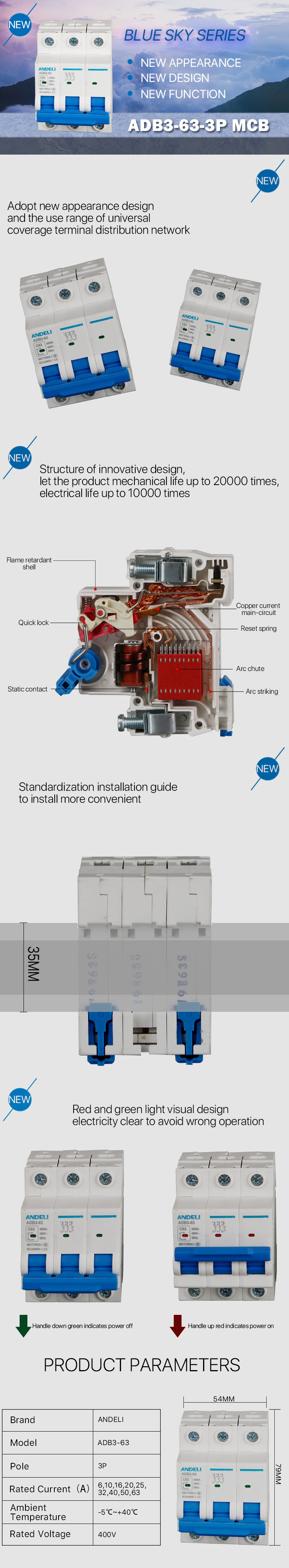 Internal structure and features of the 3-pole miniature circuit breaker